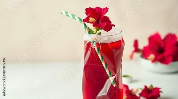 Fototapeta Nigerian zobo drink served in a clear bag with a straw