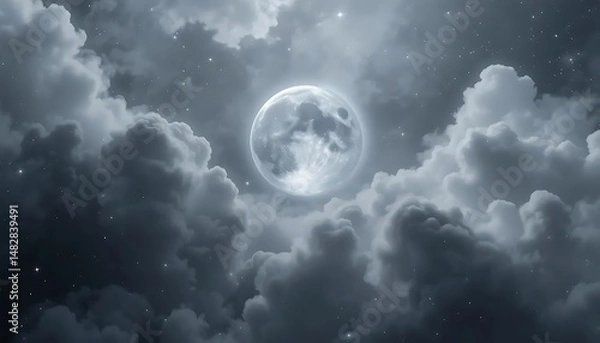 Fototapeta Enchanted Night: A Full Moon's Embrace Among Celestial Clouds