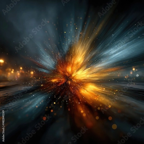 Fototapeta Abstract explosion of vibrant colors, radiating outward from a central point, amidst a dark, smoky background.  Streaks of light and particles suggest motion and energy