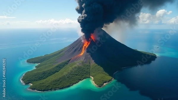 Fototapeta a massive volcano erupting on a lush tropical island surrounded by blue ocean
