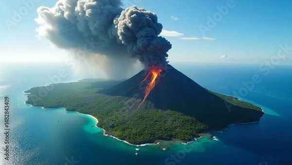 Fototapeta a massive volcano erupting on a lush tropical island surrounded by blue ocean