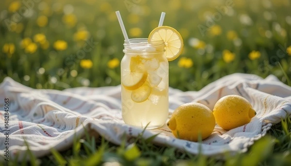 Fototapeta An inviting glass of lemonade with lemon slices and ice cubes, placed on a blue checked cloth, suitable for summer refreshment, food blogs, and advertising.