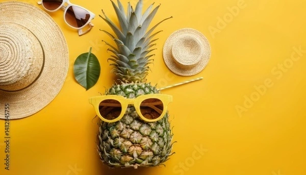 Fototapeta A pineapple wearing yellow sunglasses, surrounded by a straw hat, sunglasses, and a cup on bright yellow background, evoking summer, vacation, tropical, fun, and relaxation themes.
