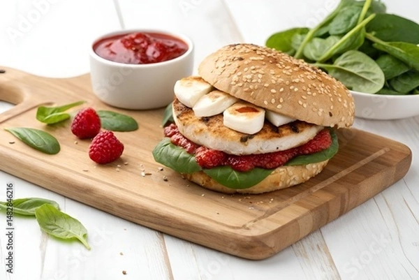 Obraz Grilled Chicken Sandwich with Mozzarella, Spinach, and Raspberry Sauce on Wooden Board