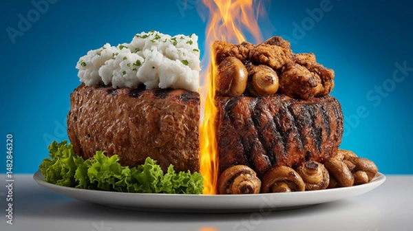 Obraz Grilled beef steak with mushrooms and cream cheese on a blue background