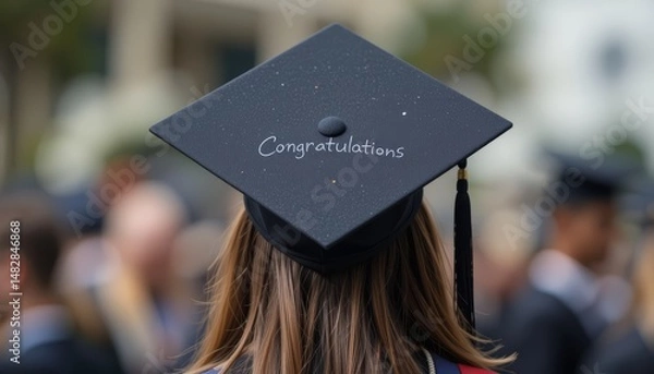 Fototapeta A graduate in cap and gown celebrating academic achievement, suitable for graduation announcements, educational success stories, and congratulatory messages.