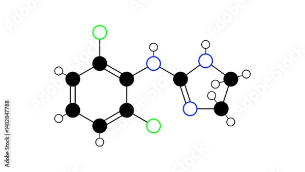Fototapeta clonidine molecule, structural chemical formula, ball-and-stick model, isolated image antihypertensive agent
