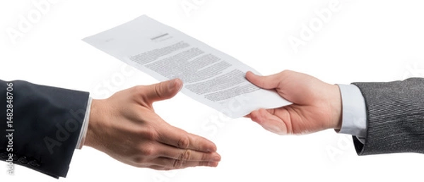 Obraz A hand exchanging a document in a professional setting.