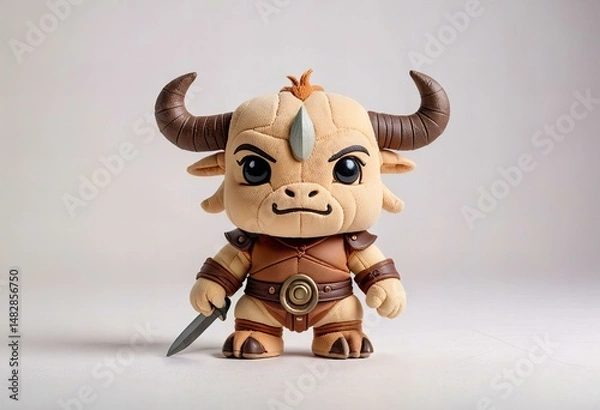Fototapeta Featuring Minimalist chibi minotaur warrior character design, full body, isolated on white background.