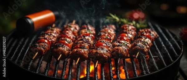 Fototapeta [Grilling Gatherings Barbecue gas] BBQ Grill with Charred Meats and Condiments, Outdoor Party Setup
