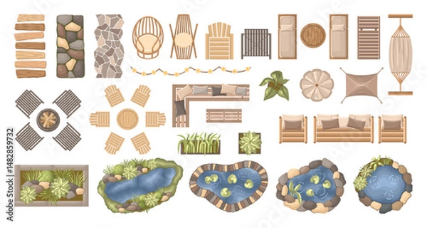 Fototapeta Top view backyard garden furniture, ponds and landscaping elements. Entourage design for architectural floor plans. Vector.