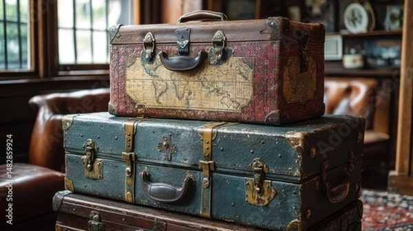 Fototapeta [Picnic Essentials containers travel] Vintage Suitcase Stack on Wooden Platform at Train Station Interior Setting