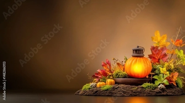 Fototapeta [Fall Festivals Lights of Farmers] Autumnal Serenity: Traditional Japanese Lantern with Warm Golden Glow Amidst Fall Foliage