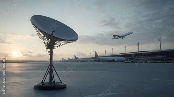 Fototapeta Large satellite dish stands prominently in foreground at busy airport during sunset, with multiple airplanes parked and one plane taking off under cloudy sky