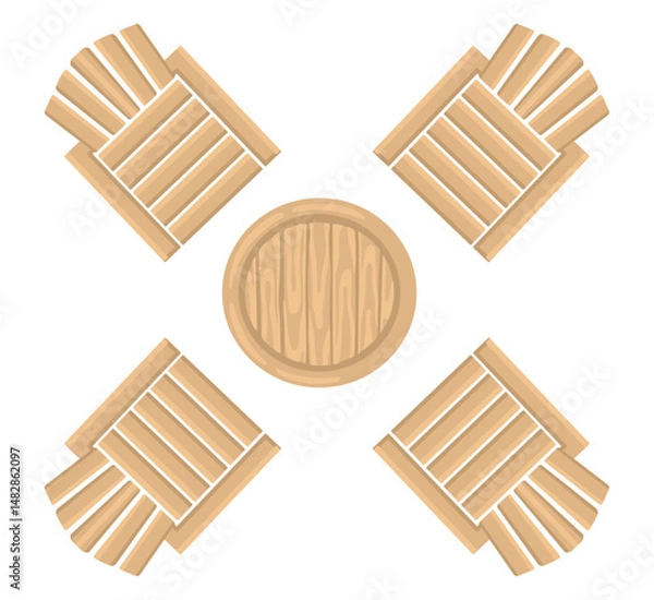 Fototapeta Outdoor wooden chairs with table. Entourage design. Furniture for architectural landscape plans. Vector.