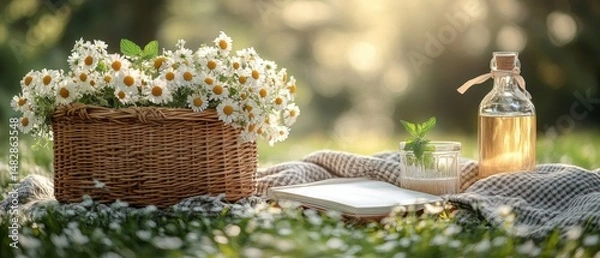 Fototapeta [Outdoor picnics picnic ideas drinks] Romantic Garden Picnic Setting with Fresh Flowers and Yellow Blooms