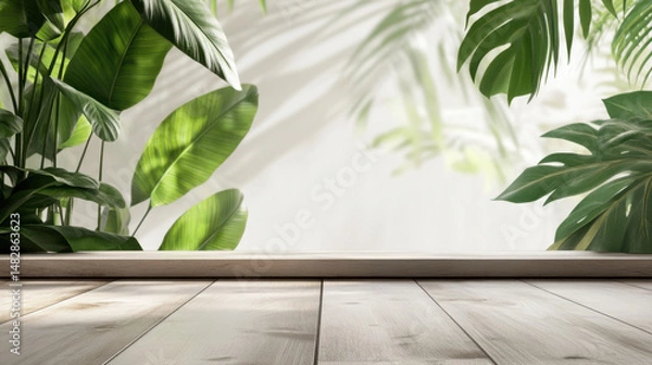 Obraz 3D render close up empty fine wooden table top with green tropical banana leaves plant, beautiful morning sunlight and leaves shadow on blank beige wall in background. Products display backdrop, Spa.
