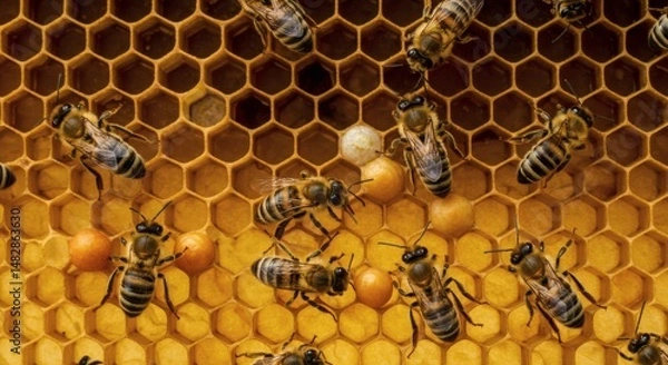 Fototapeta Honeybee Hive: A Close-Up View of Busy Bees at Work