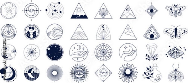 Obraz Set of mystical and celestial line art icons with moon, sun, stars, hands, geometric shapes, butterflies, and crystals. Minimalistic black and white spiritual symbols and cosmic designs.