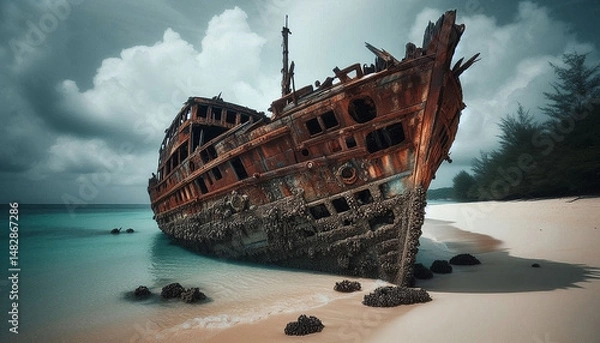 Fototapeta A mysterious, rusted shipwreck sits half-buried in the sand on a deserted tropical beach. The hull is weathered and covered in barnacles, telling a story of a forgotten past