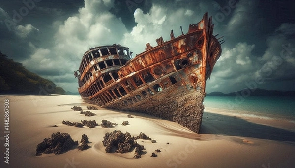 Fototapeta A mysterious, rusted shipwreck sits half-buried in the sand on a deserted tropical beach. The hull is weathered and covered in barnacles, telling a story of a forgotten past