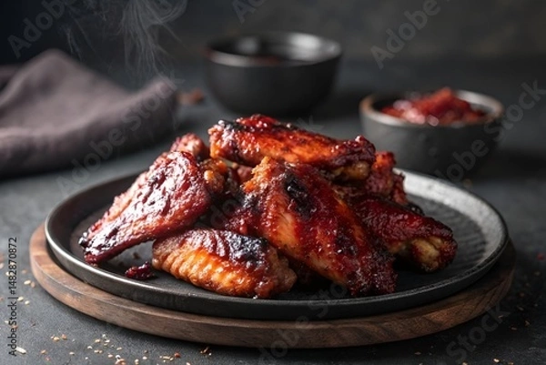 Obraz Hyperrealistic Grilled Chicken Wings Close-Up on Rustic Slate Plate with Glossy Marinade