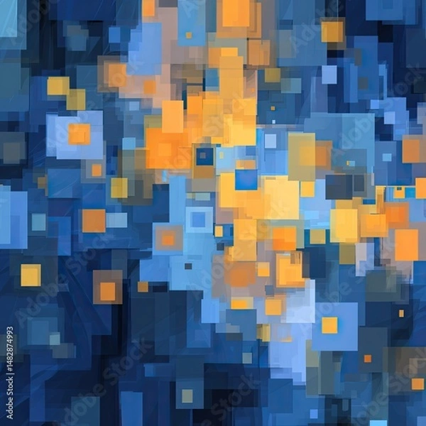 Fototapeta Abstract artwork featuring a dynamic composition of blue and orange squares of varying sizes and intensities, creating a sense of depth and movement