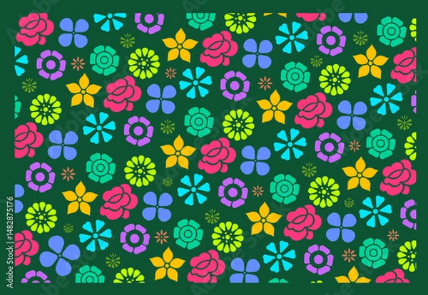 Fototapeta Bright and vibrant floral background pattern featuring colorful flowers and leaves. Perfect for spring designs, textiles, invitations, packaging, and cheerful decorative projects.