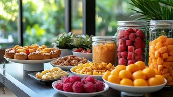 Obraz Assorted fresh fruit and pastries buffet