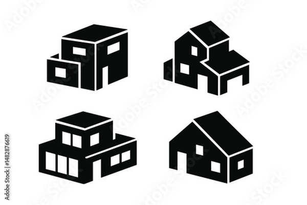 Fototapeta Various modern house designs featuring simple geometric shapes and contrasting black and white effects in a minimalistic style