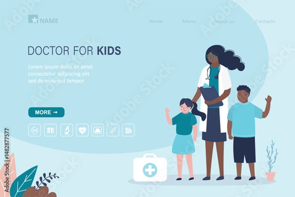Obraz Pediatrician doctor or nurse examine small multi ethnic patients. Medical staff and children. Kids clinic, hospital, landing page template. Healthcare concept,