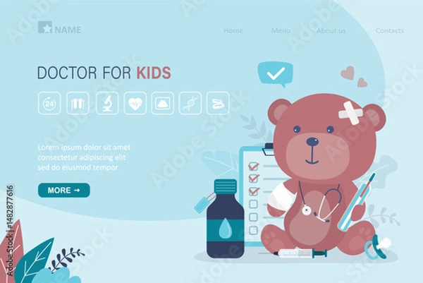 Obraz Cartoon unhealthy teddy bear, cute animal toy need treatment, kids medical banner. Therapist, kids doctor, landing page template