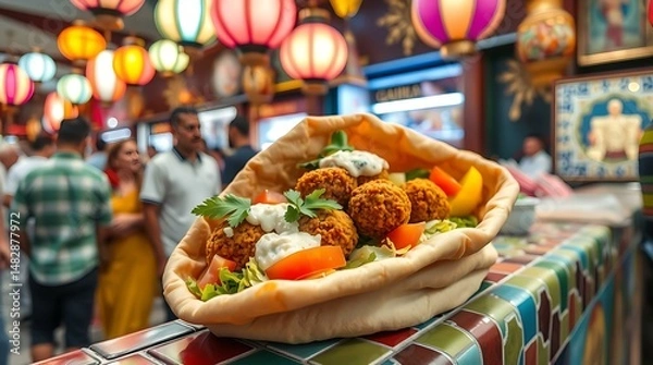 Fototapeta Crispy falafel being served in pita bread at a crowded Egyptian food stall