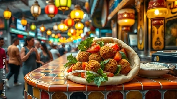 Fototapeta Crispy falafel being served in pita bread at a crowded Egyptian food stall