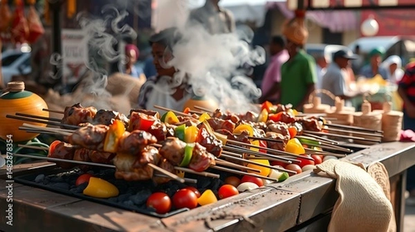 Fototapeta Spicy skewered meats sizzling on a charcoal grill at a busy Nigerian suya stand