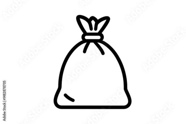 Fototapeta Simple black outline of a tied trash bag on white background representing waste management and cleanliness efforts