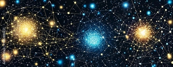 Fototapeta Space galaxy hidden. Abstract network of glowing nodes and lines resembling neural networks or constellations against a dark background.