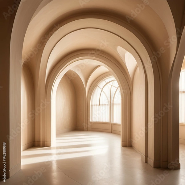 Obraz A room with repeating arched walls, soft beige textures, and warm golden lighting tracing the curves.