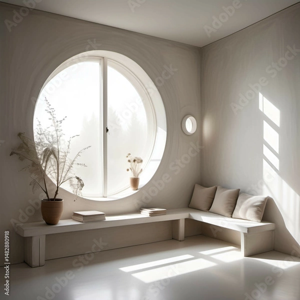 Obraz Soft white chalk-painted walls with chalky textures, indirect lighting grooves, and one large round window for poetic sunlight.