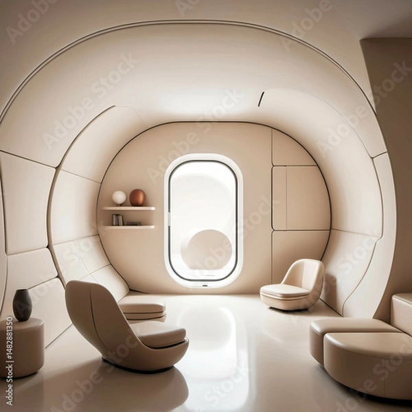 Obraz A futuristic interior with rounded corners, pale beige walls, seamless built-ins, and hidden doors—space-age minimalism.