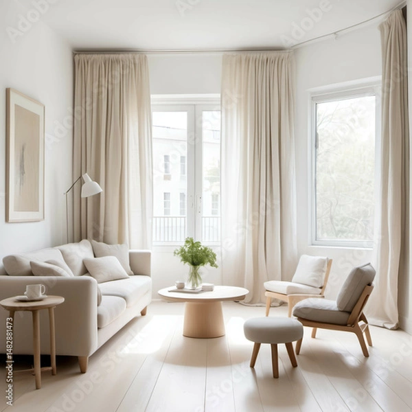 Obraz A bright space with bleached wood flooring, white walls, linen curtains, and simple round-edge furniture in soft tones.