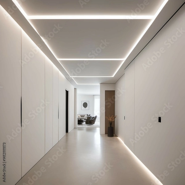 Obraz A seamless matte plaster wall and ceiling with hidden doors and ultra-thin recessed LED light strips outlining soft geometric paths in warm white.