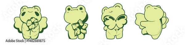 Obraz Set of vector stickers isolated on white background. Cute green frogs with flowers will add fun and croaking to any of your projects.
