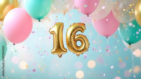 Fototapeta Birthday celebration with number 16 balloons surrounded by pastel colored balloons and confetti, festive event decoration for sweet sixteen party celebration.