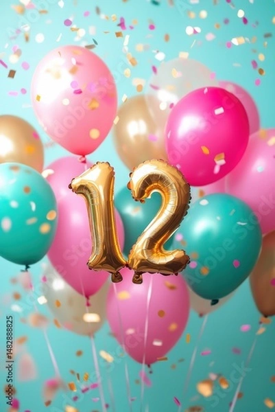 Fototapeta Balloons and confetti celebration for birthday party with number 12 in gold foil, festive decorations, vibrant colors, fun event for kids and teens.