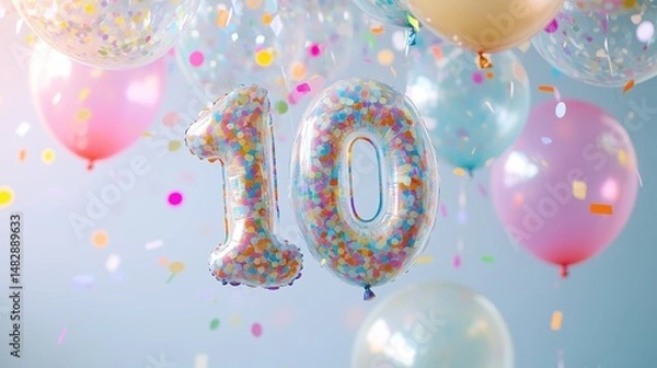 Fototapeta Balloon decorations for birthday celebration with number 10, colorful balloons, confetti, and festive atmosphere for party decor and anniversary events.