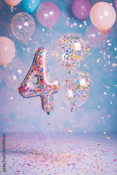 Fototapeta Colorful balloons and confetti celebrating a birthday or festive occasion with a number 4, fun party decorations, vibrant background, joyful atmosphere.