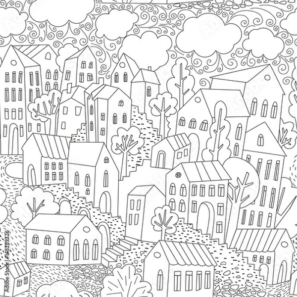 Fototapeta Seamless background with houses and trees