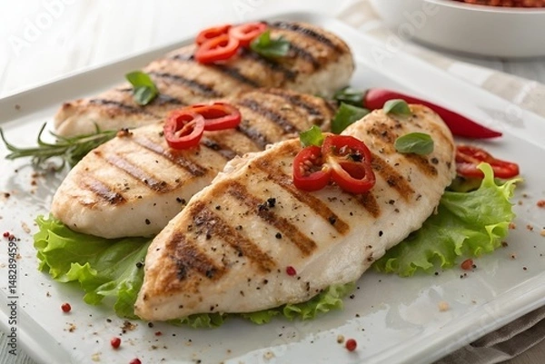 Obraz Hyperrealistic Grilled Chicken Breasts with Lettuce and Chili Peppers on Textured White Plate