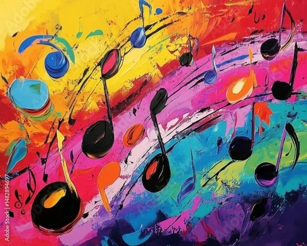 Fototapeta Vibrant Abstract Painting with Colorful Music Notes and Swirls